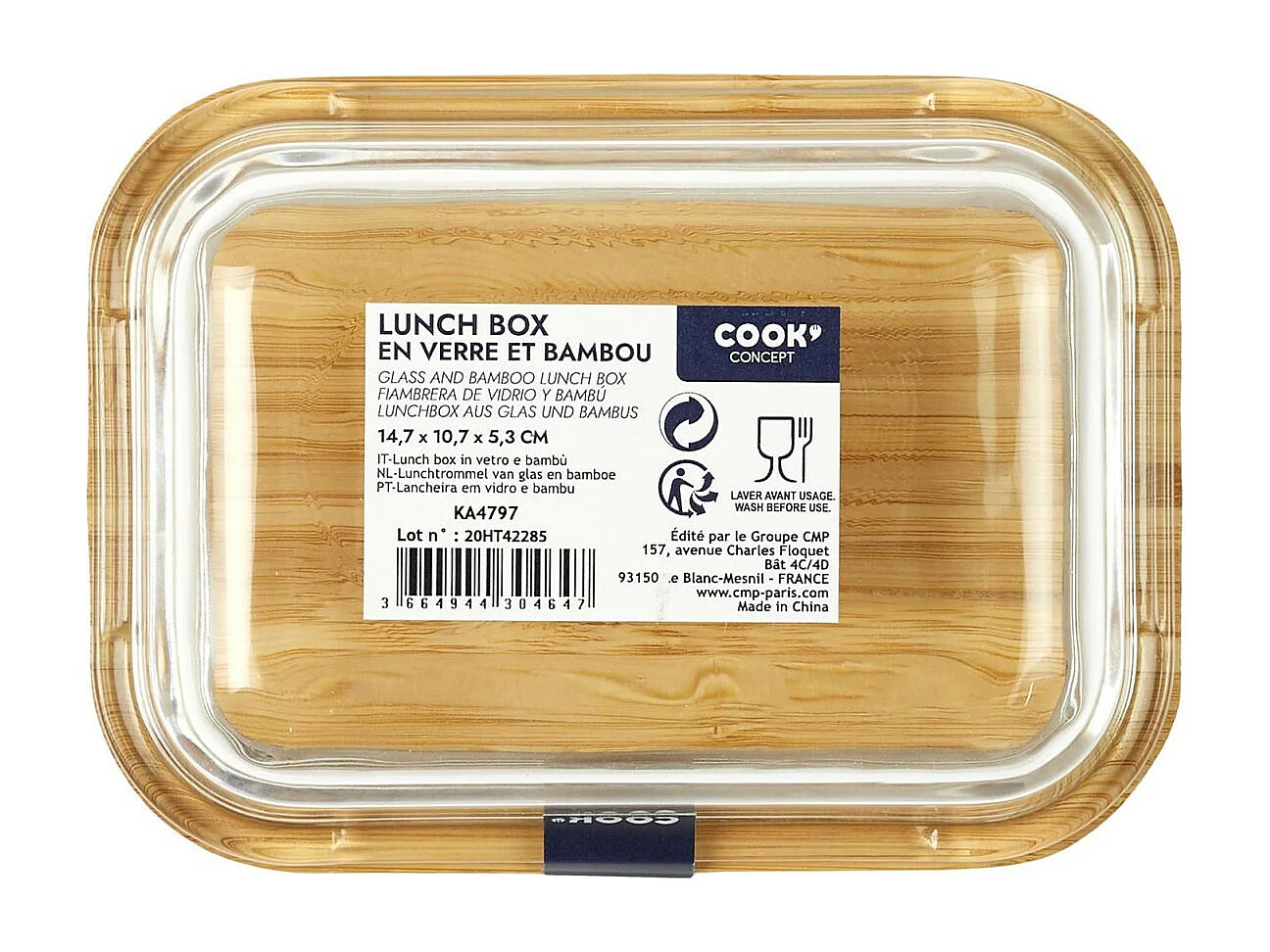 Lunch Box Verre & Bambou "Repas" 32cl Transparent