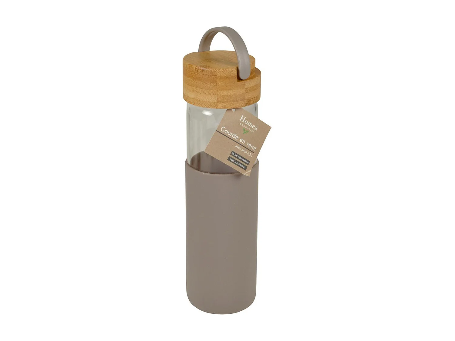 Gourde Bouteille en Verre "Silicone" 0,6L Taupe