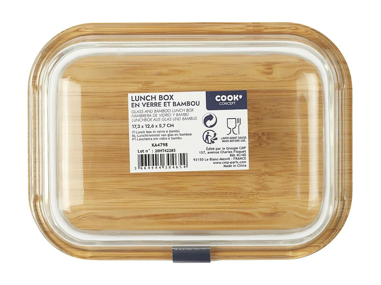 Lunch Box Verre & Bambou "Repas" 52cl Transparent