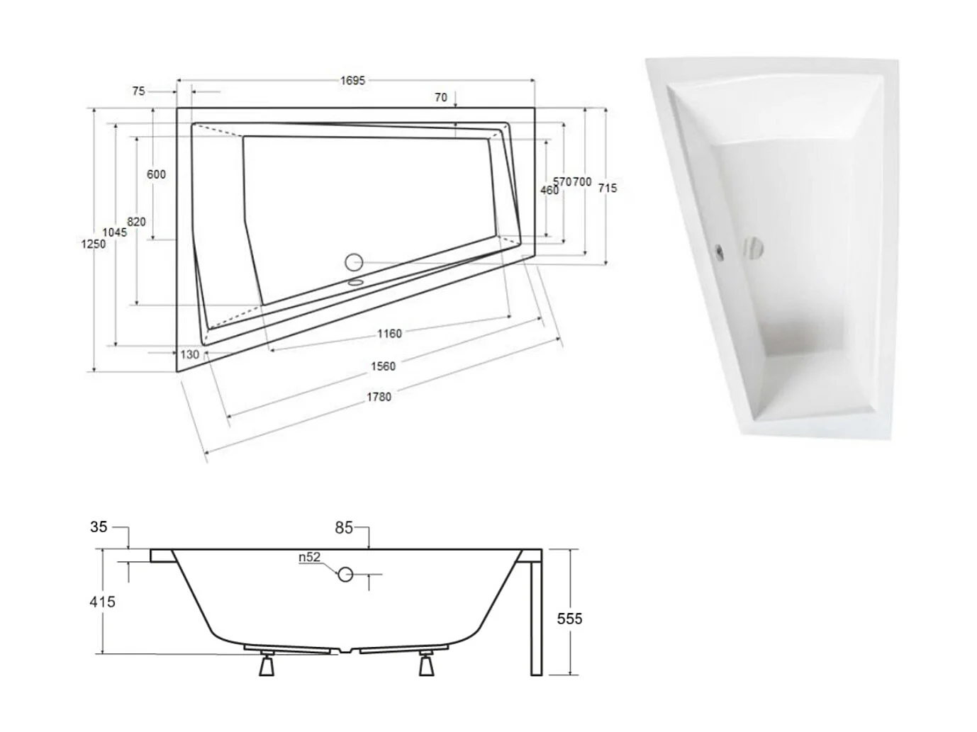 Baignoire d'angle Gauche INTIMA DUO en 170 ou 180 cm - Dimensions: 170cm