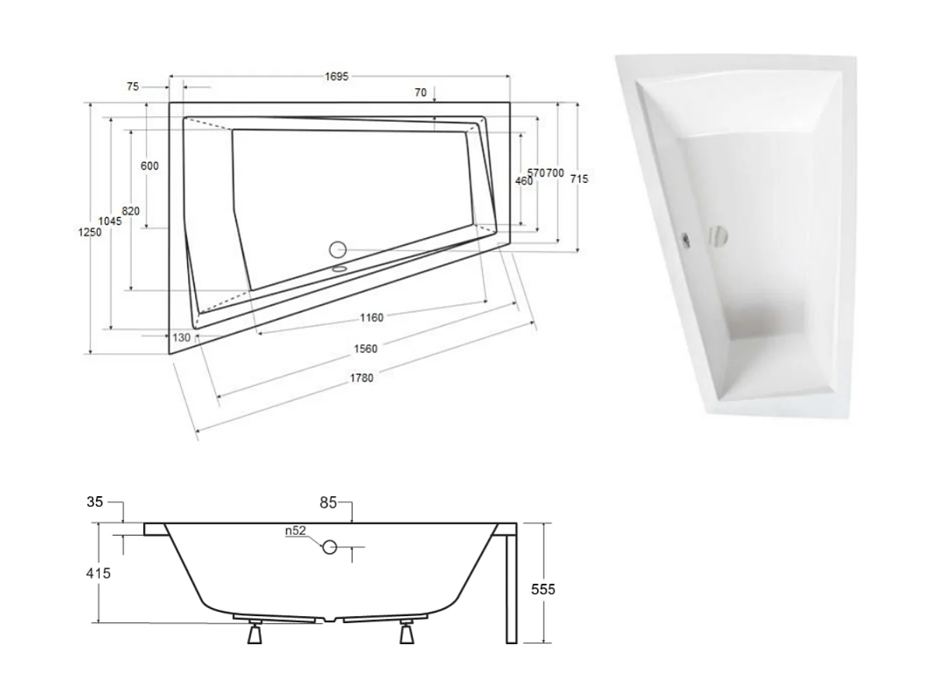 Baignoire d'angle Gauche INTIMA DUO en 170 ou 180 cm - Dimensions: 170cm