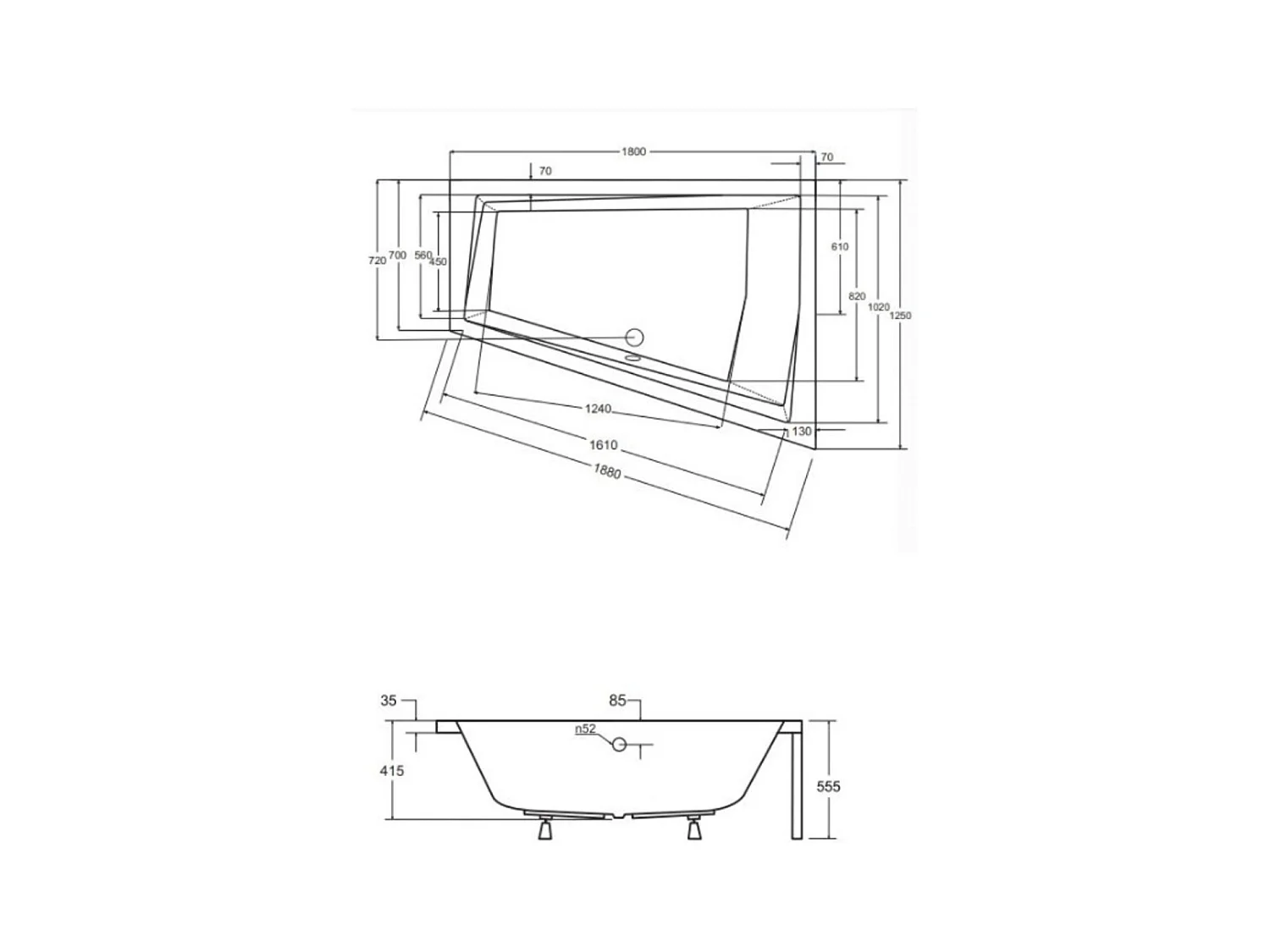 Baignoire d'angle Droit INTIMA DUO en 170 ou 180 cm - Dimensions: 180cm