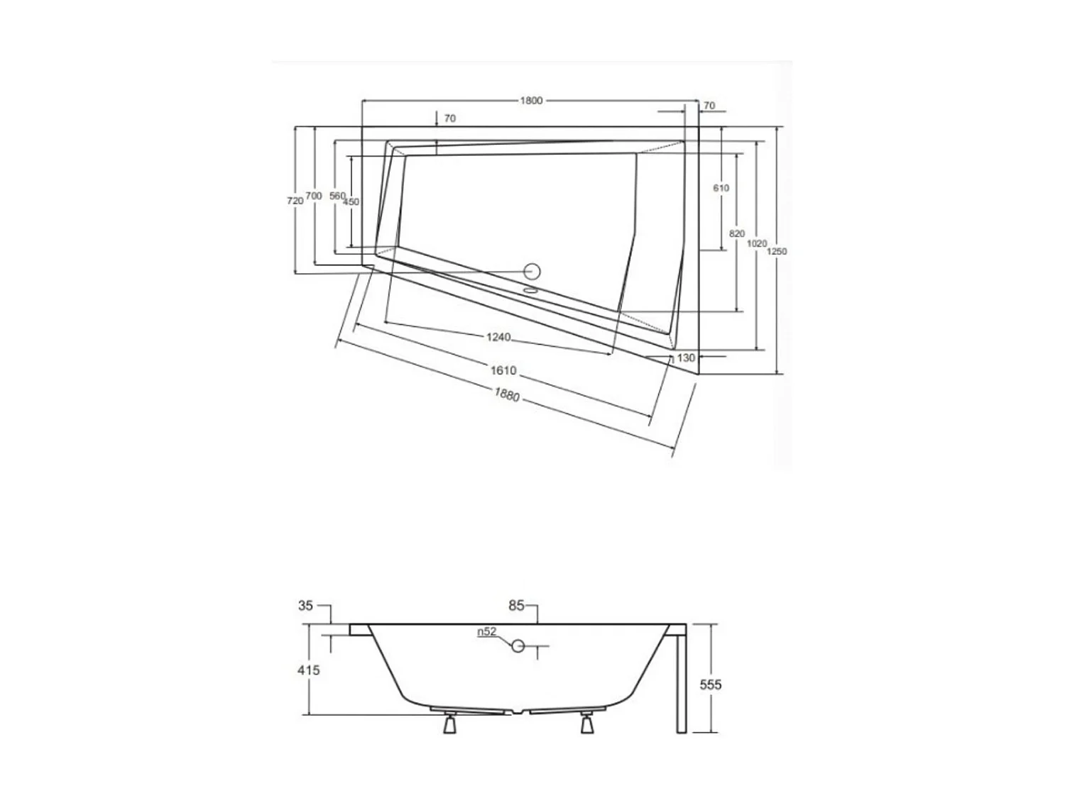 Baignoire d'angle Droit INTIMA DUO en 170 ou 180 cm - Dimensions: 180cm