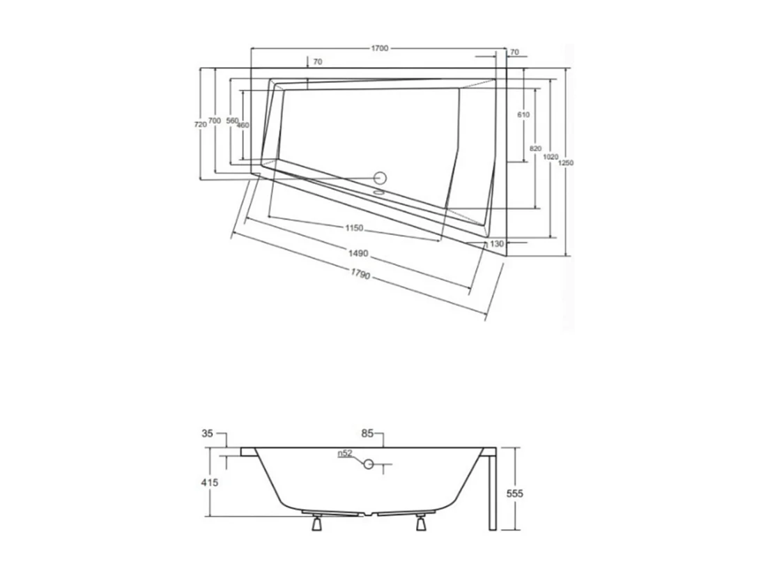 Baignoire d'angle Droit INTIMA DUO en 170 ou 180 cm - Dimensions: 170cm