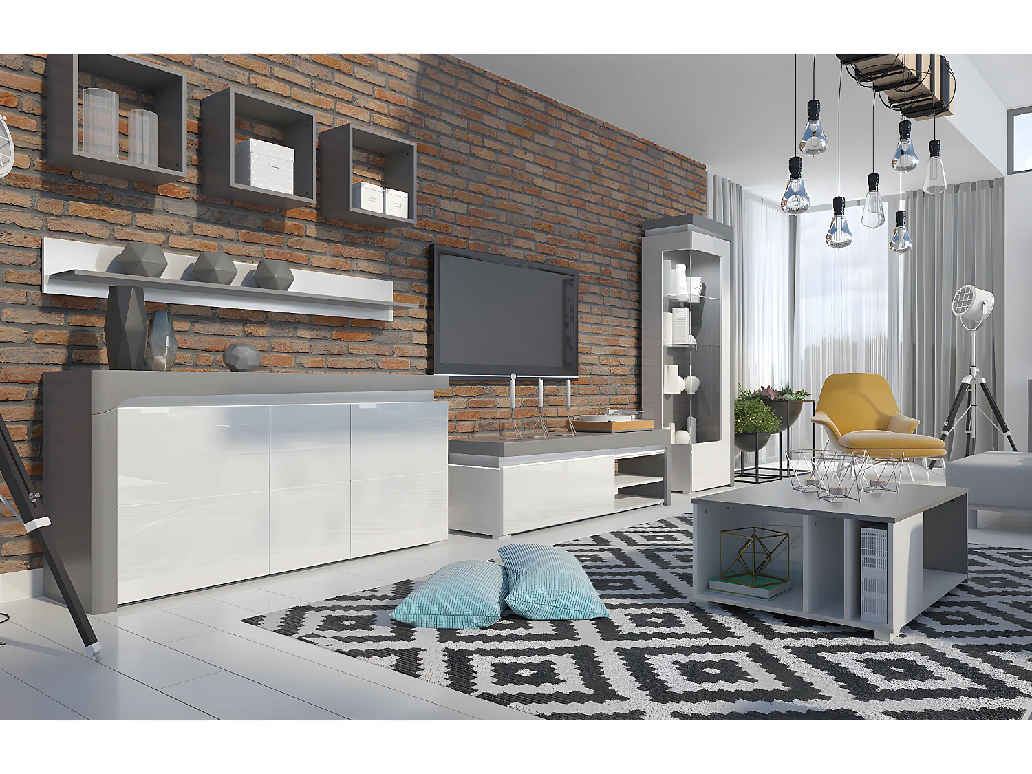 Vitrine 1 porte ouverture gauche LED inclus Teo Blanc et Gris