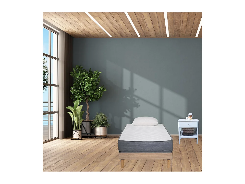 Ensemble Matelas Mousse Luxe - 90x190 et 1 Oreiller mémoire 50x70 - Sommier kit couleur chêne