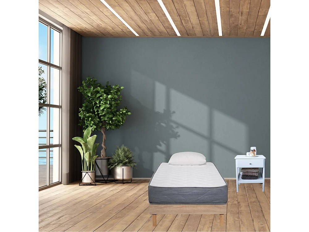 Ensemble Matelas Mousse Luxe - 90x190 et 1 Oreiller mémoire 50x70 - Sommier kit couleur chêne