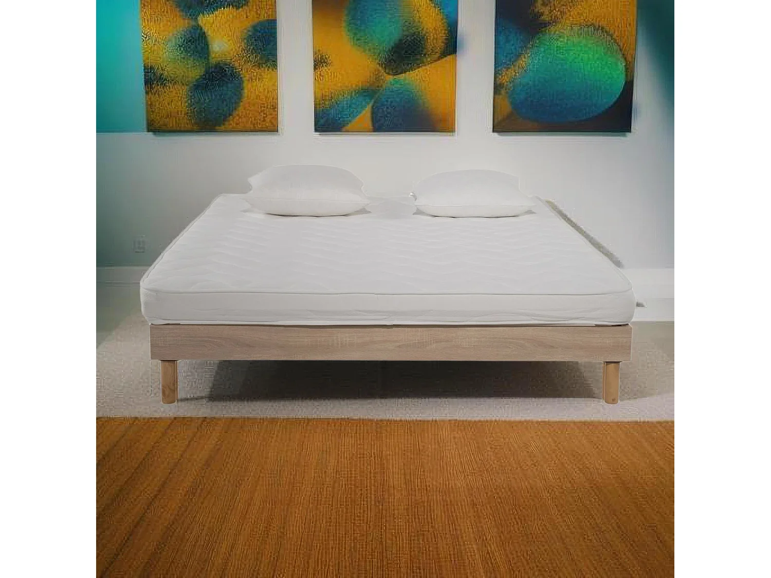 Ensemble Matelas mousse ECO - 140x190cm et 2 Oreillers 50x70 - mousse et Sommier kit couleur chêne