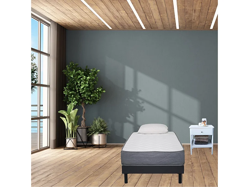 Ensemble Matelas Mousse Luxe - 90x190 et 1 Oreiller mémoire 50x70 - Sommier kit Gris