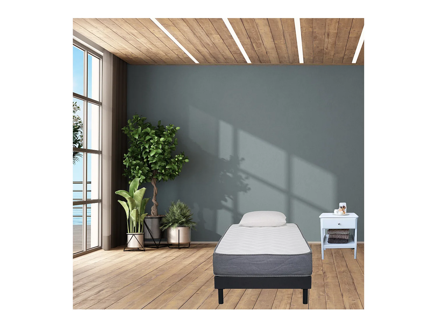 Ensemble Matelas Mousse Luxe - 90x190 et 1 Oreiller mémoire 50x70 - Sommier kit Gris