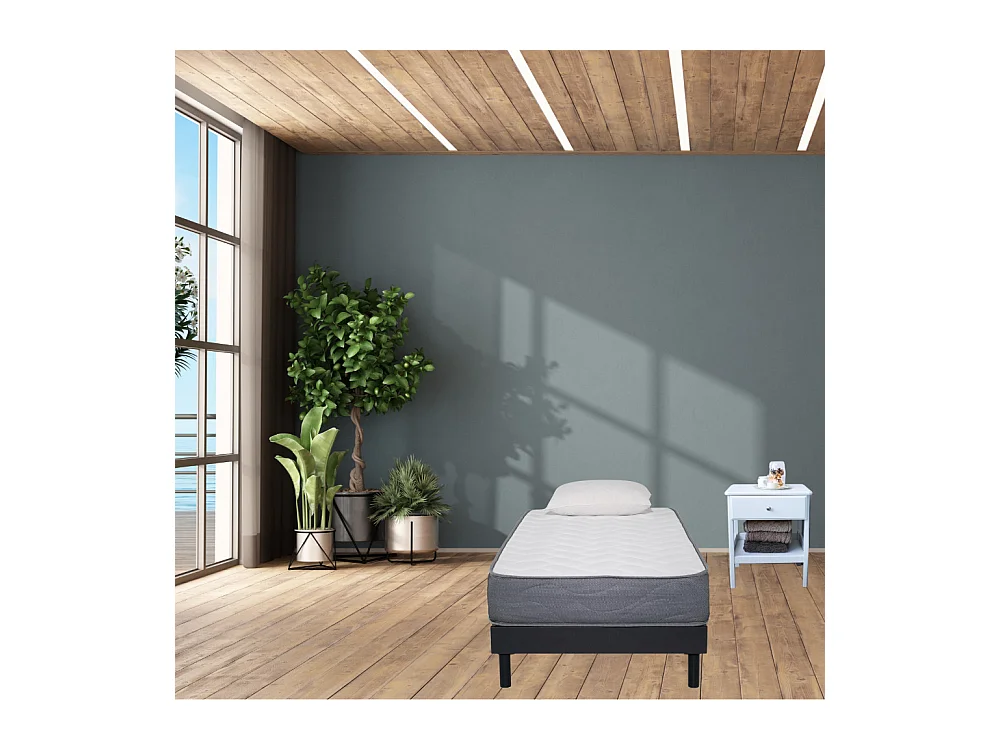 Ensemble Matelas Mousse Luxe - 90x190 et 1 Oreiller mémoire 50x70 - Sommier kit Gris