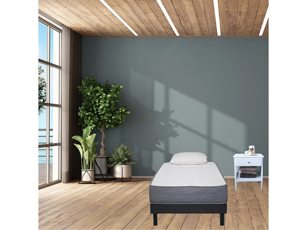 Ensemble Matelas Mousse Luxe - 90x190 et 1 Oreiller mémoire 50x70 - Sommier kit Gris