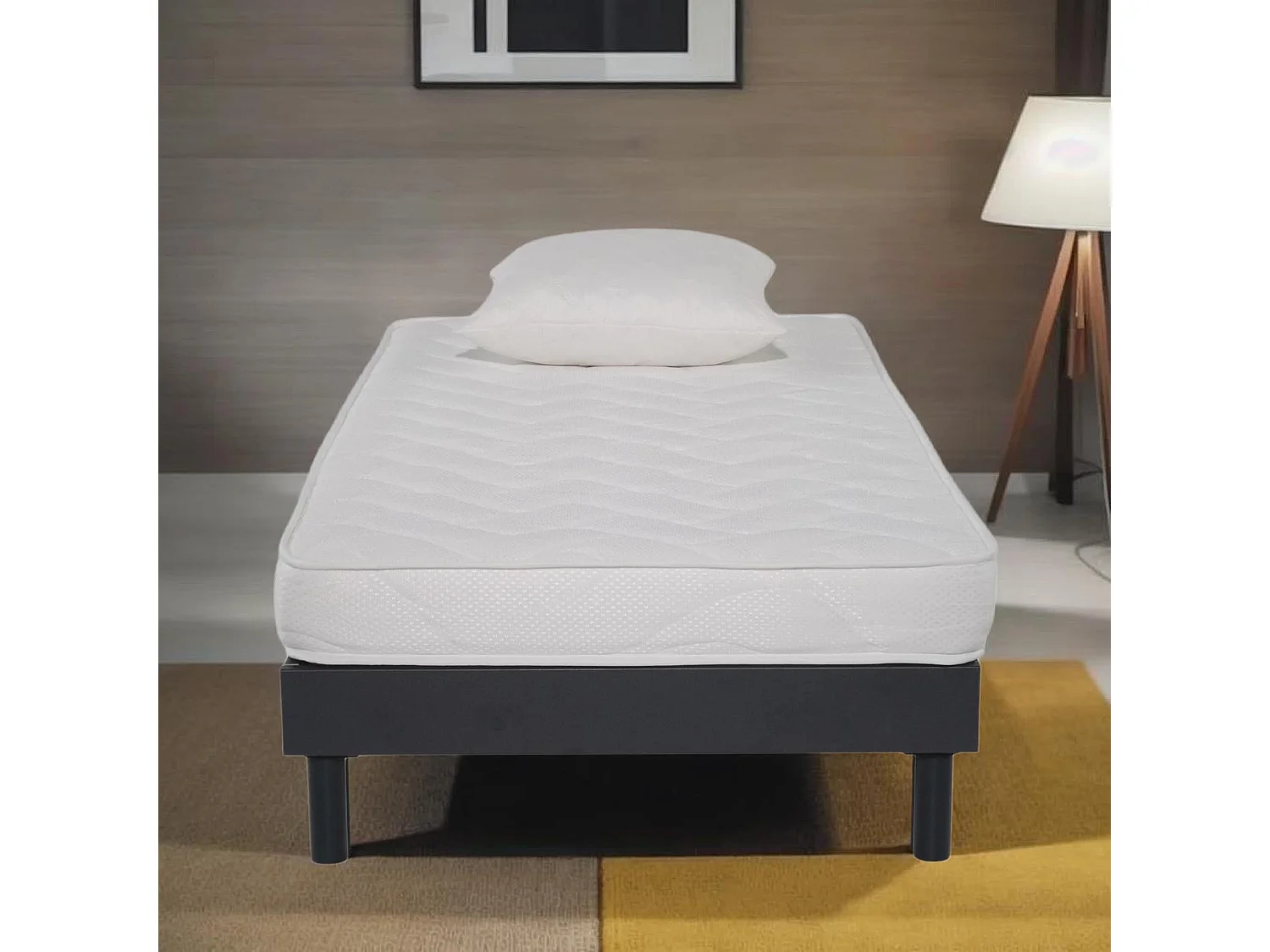 Ensemble Matelas mousse ECO - 90x190cm et 1 Oreiller 60x60 - mousse et Sommier kit gris