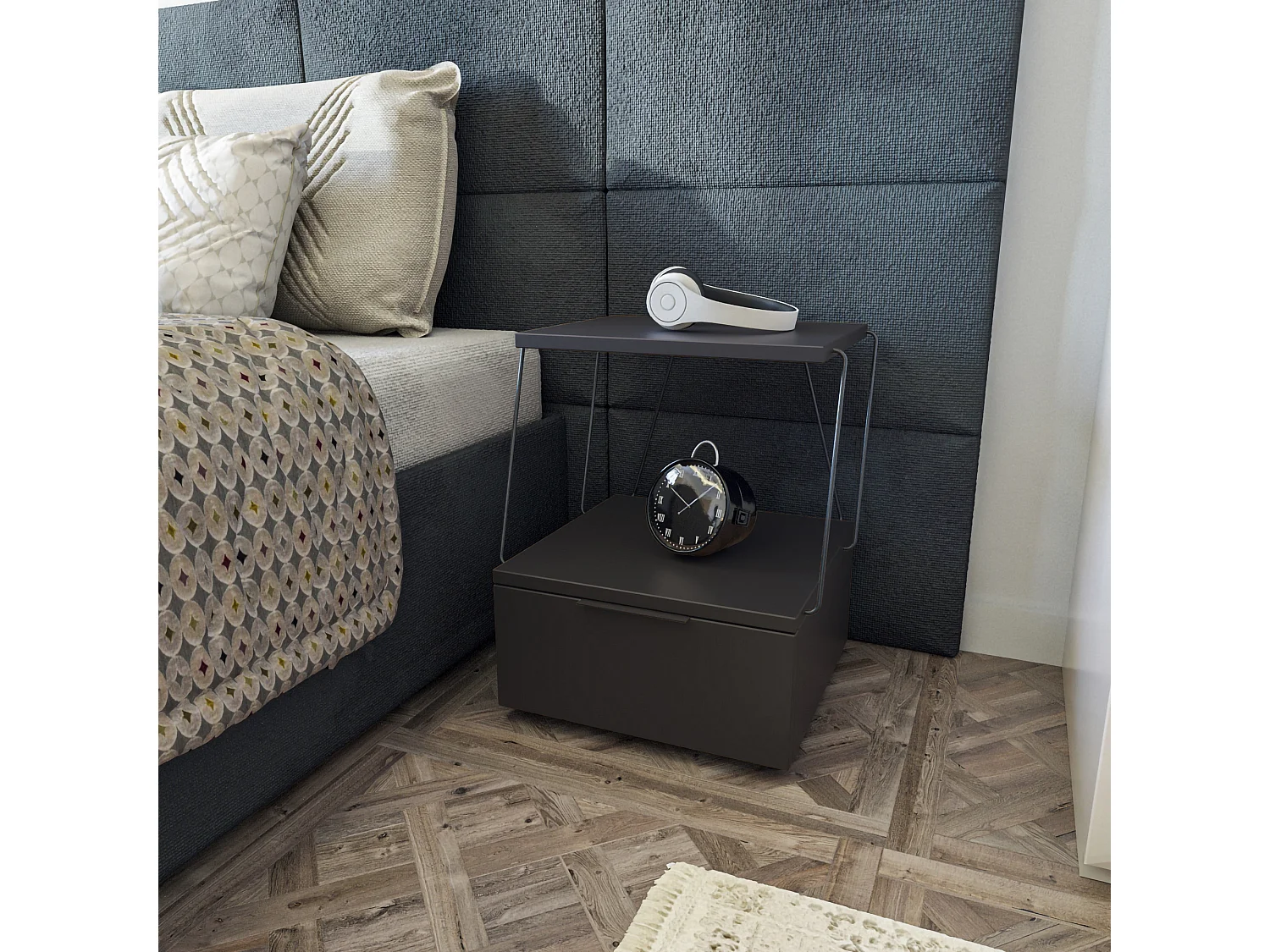 Table de chevet, 100% mélamine aggloméré plaqué, Couleur Anthracite 42x52x41