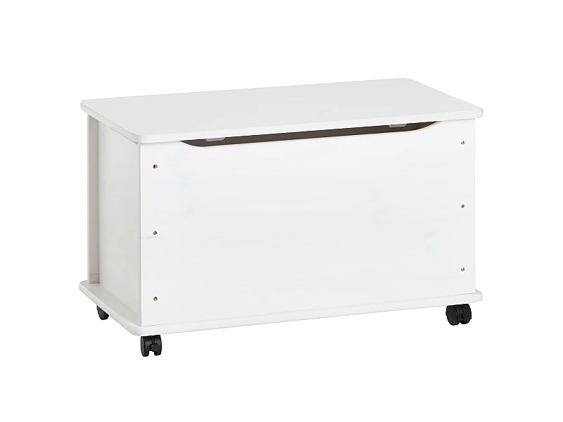 Coffre à jouets ELISA coffre de rangement malle rectangulaire avec abattant et 4 roulettes, en pin massif lasuré blanc