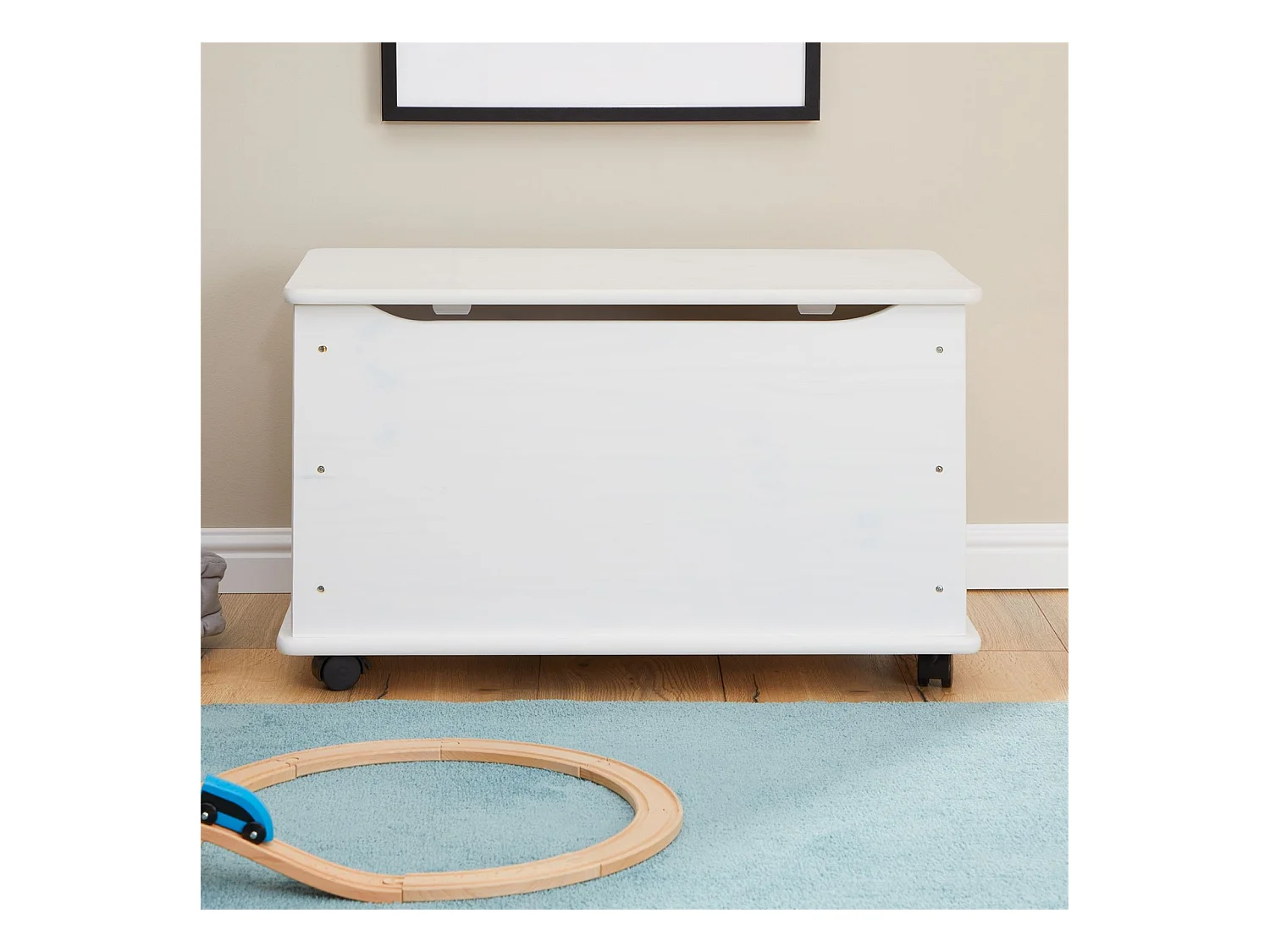 Coffre à jouets ELISA coffre de rangement malle rectangulaire avec abattant et 4 roulettes, en pin massif lasuré blanc