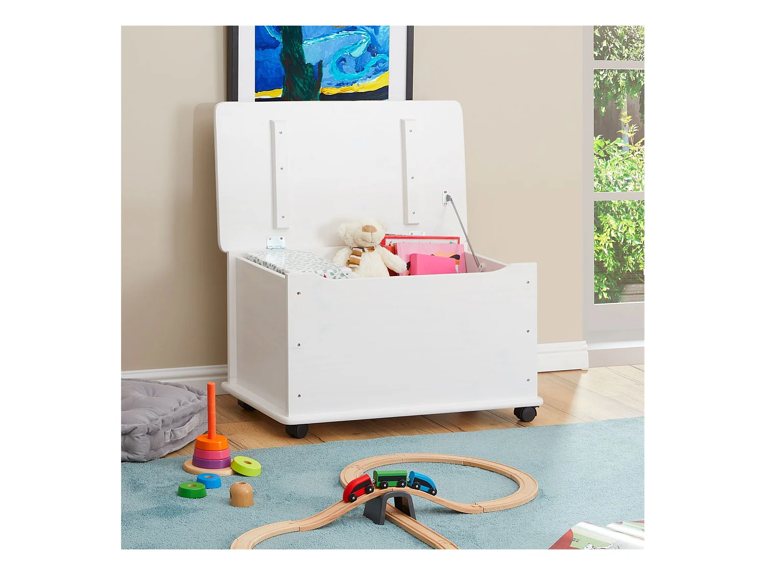 Coffre à jouets ELISA coffre de rangement malle rectangulaire avec abattant et 4 roulettes, en pin massif lasuré blanc