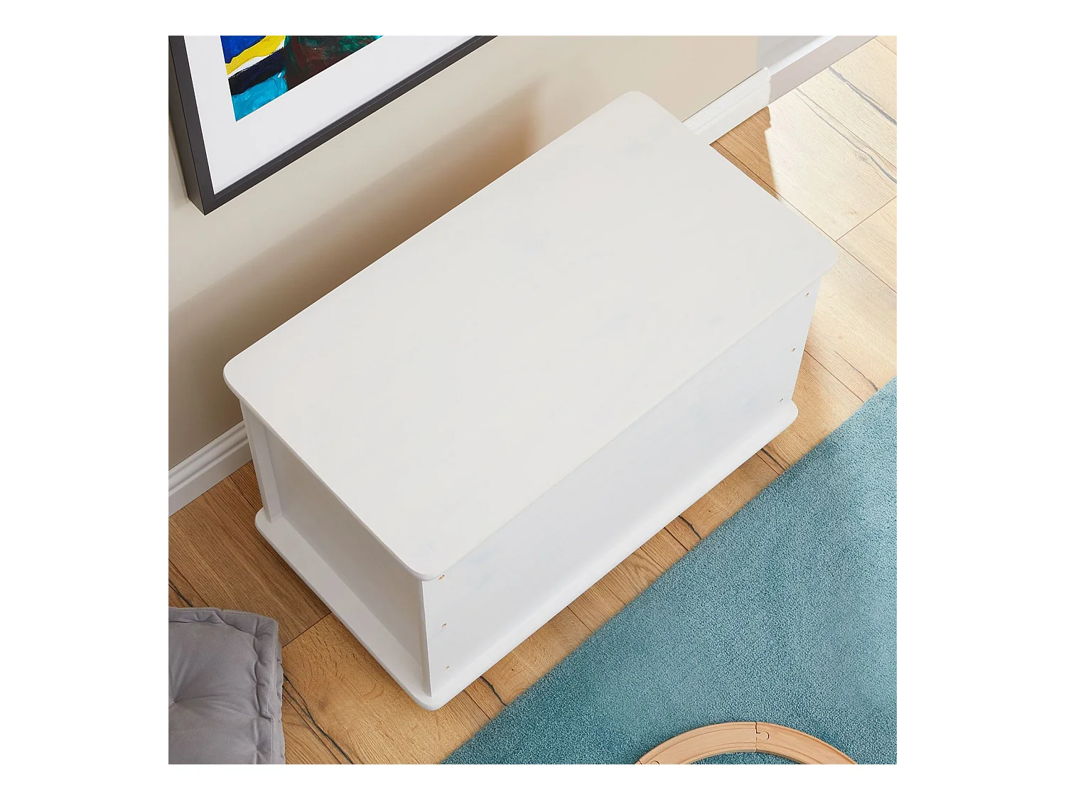 Coffre à jouets ELISA coffre de rangement malle rectangulaire avec abattant et 4 roulettes, en pin massif lasuré blanc