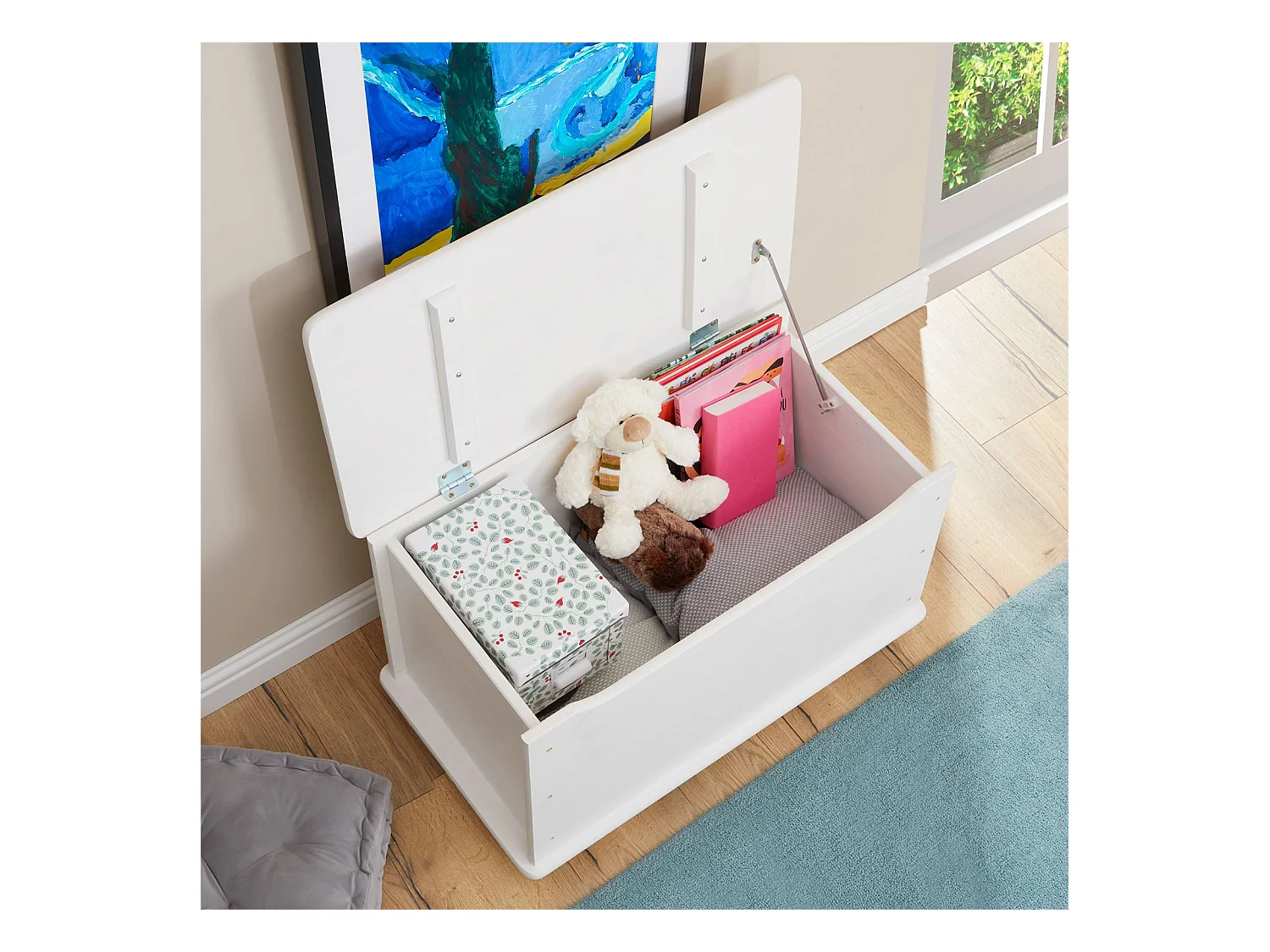 Coffre à jouets ELISA coffre de rangement malle rectangulaire avec abattant et 4 roulettes, en pin massif lasuré blanc