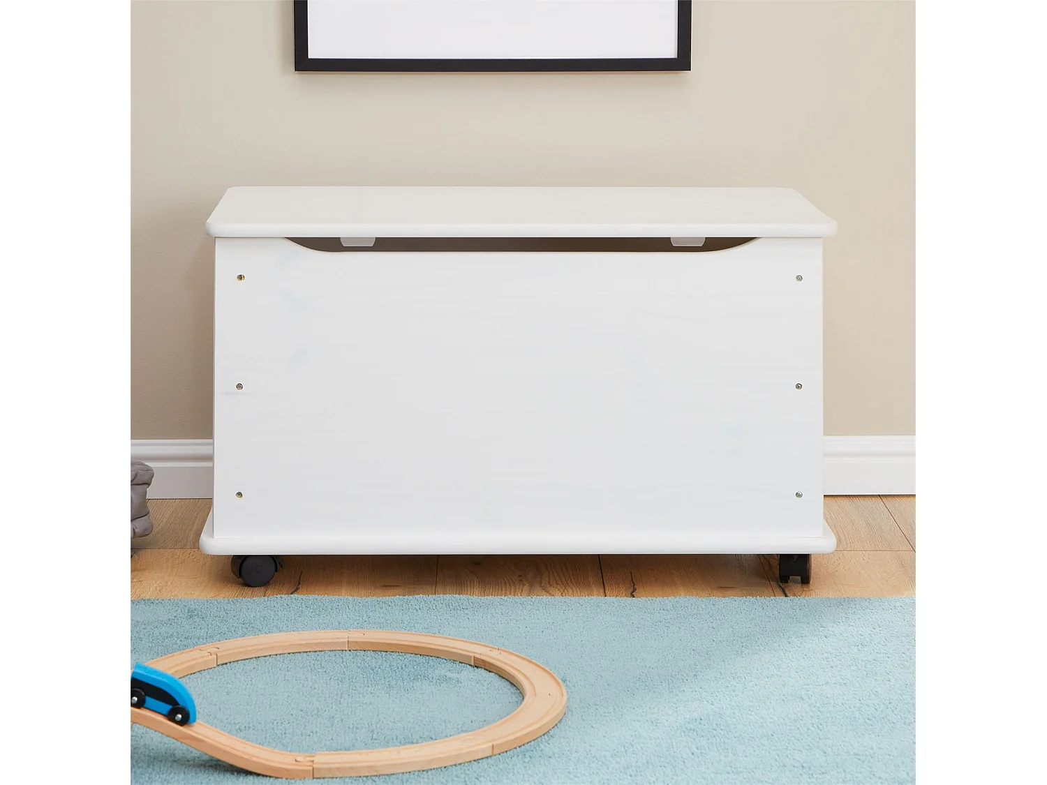 Coffre à jouets ELISA coffre de rangement malle rectangulaire avec abattant et 4 roulettes, en pin massif lasuré blanc