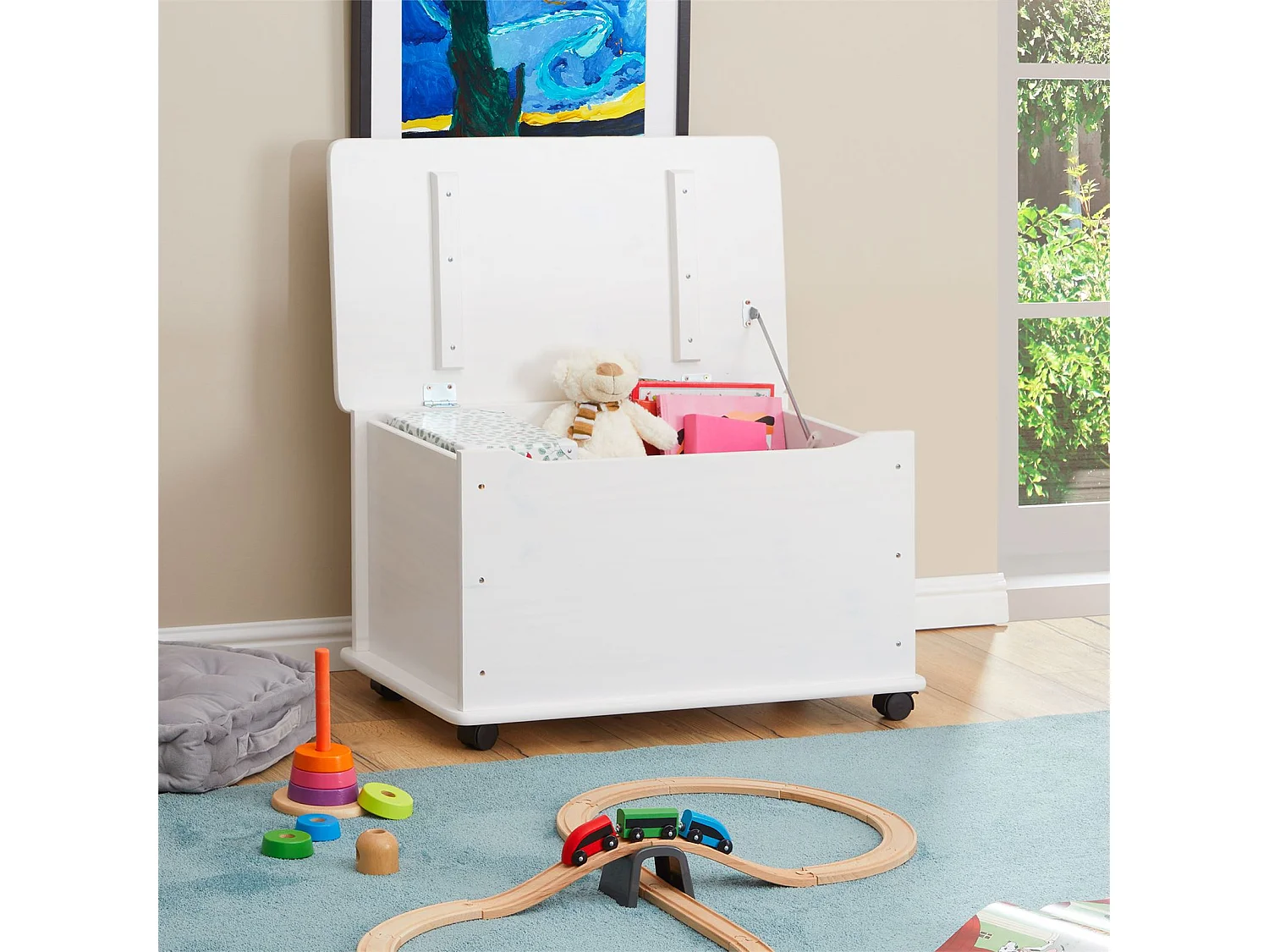 Coffre à jouets ELISA coffre de rangement malle rectangulaire avec abattant et 4 roulettes, en pin massif lasuré blanc