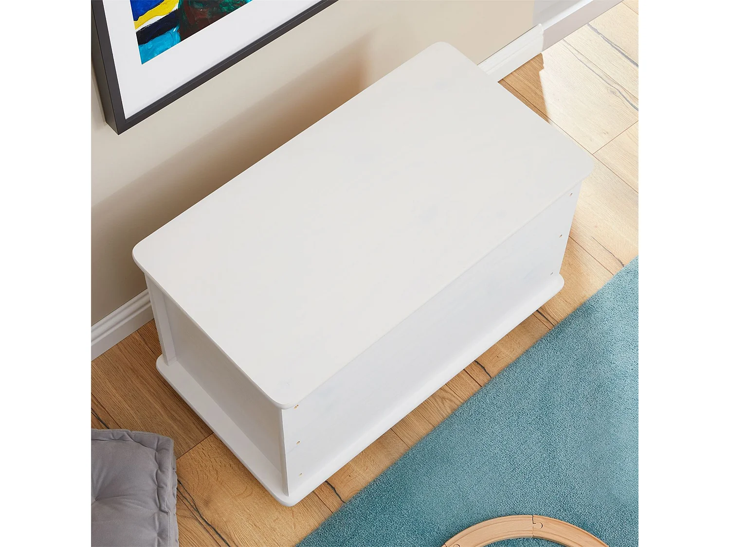 Coffre à jouets ELISA coffre de rangement malle rectangulaire avec abattant et 4 roulettes, en pin massif lasuré blanc