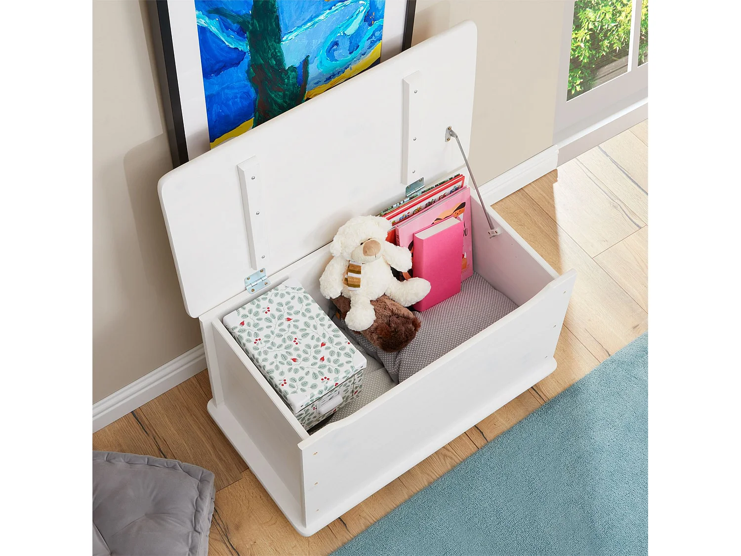 Coffre à jouets ELISA coffre de rangement malle rectangulaire avec abattant et 4 roulettes, en pin massif lasuré blanc