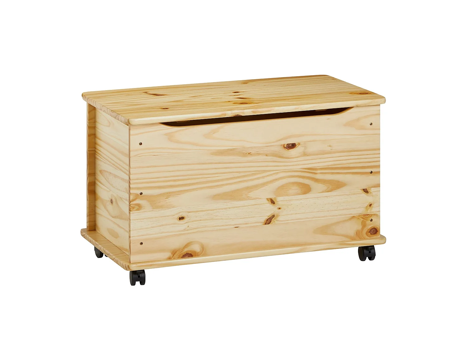 Coffre à jouets ELISA coffre de rangement malle rectangulaire avec abattant et 4 roulettes, en pin massif au vernis naturel