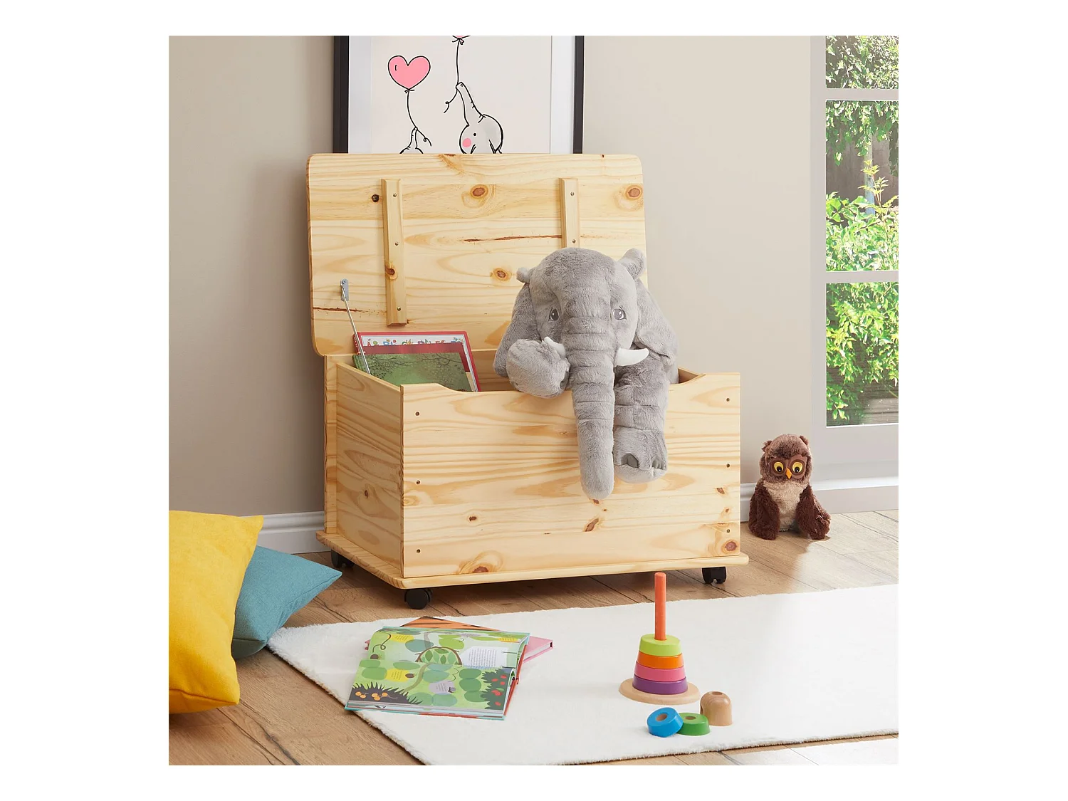 Coffre à jouets ELISA coffre de rangement malle rectangulaire avec abattant et 4 roulettes, en pin massif au vernis naturel