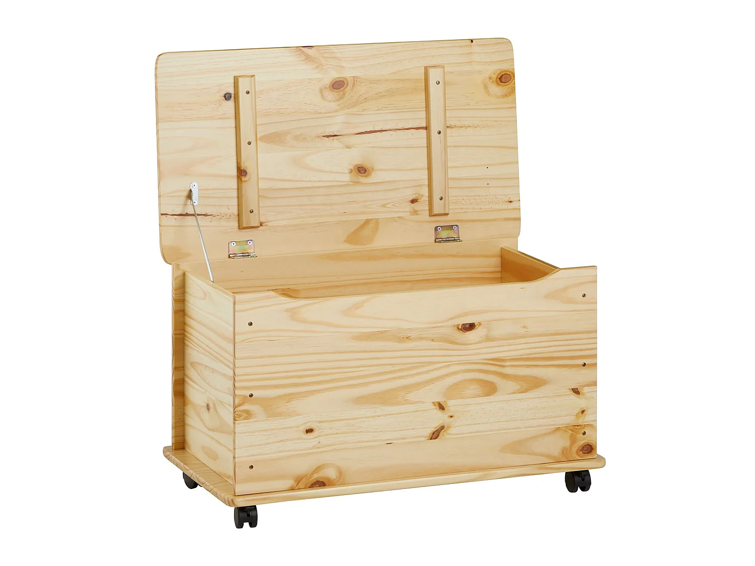 Coffre à jouets ELISA coffre de rangement malle rectangulaire avec abattant et 4 roulettes, en pin massif au vernis naturel