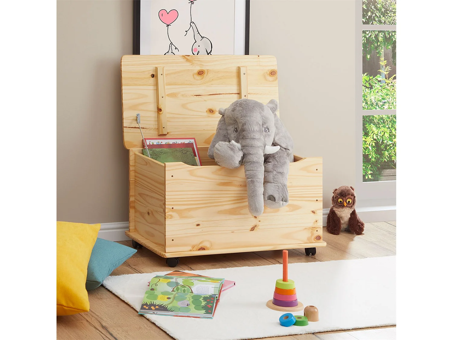 Coffre à jouets ELISA coffre de rangement malle rectangulaire avec abattant et 4 roulettes, en pin massif au vernis naturel