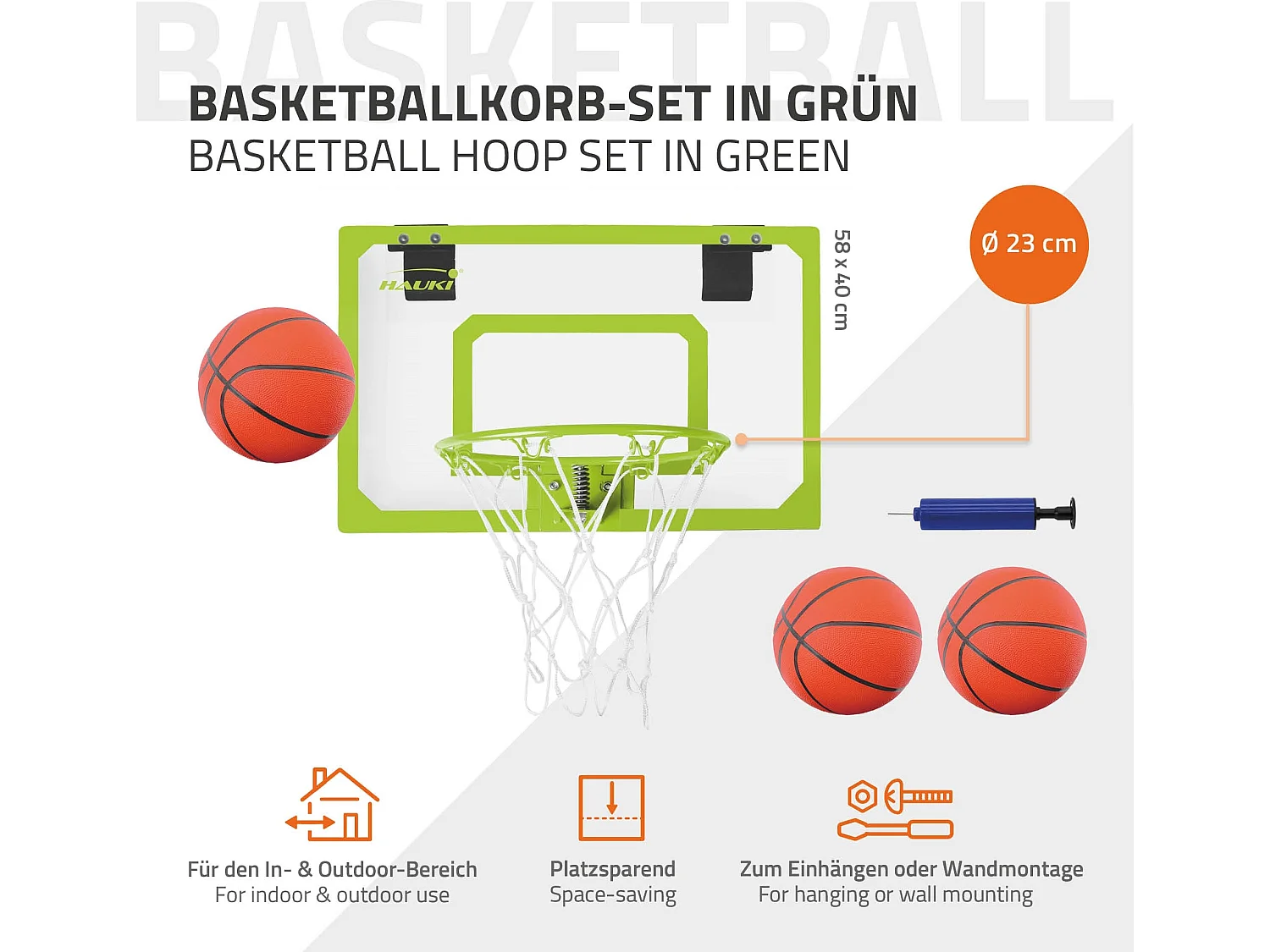 Set canestro basket verde 58x40 cm 3 palline pompa palloni tabellone e anello