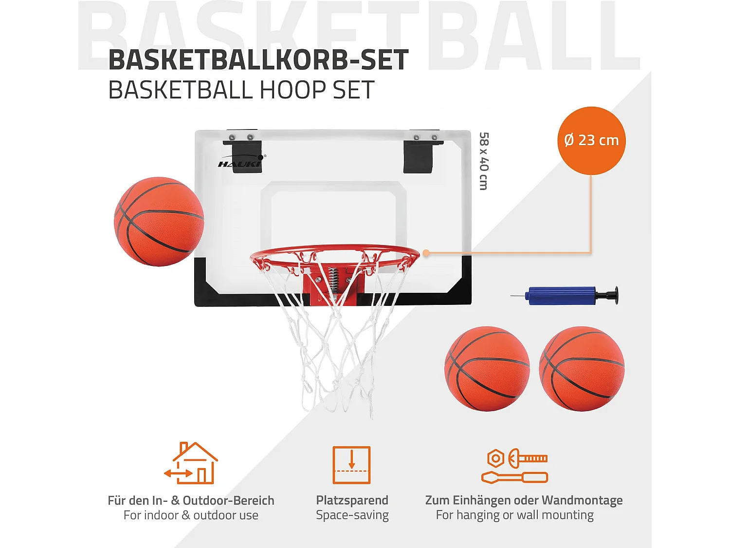 Set panier de basket rouge 58x40 cm 3 ballons pompe à balles panneau et anneau