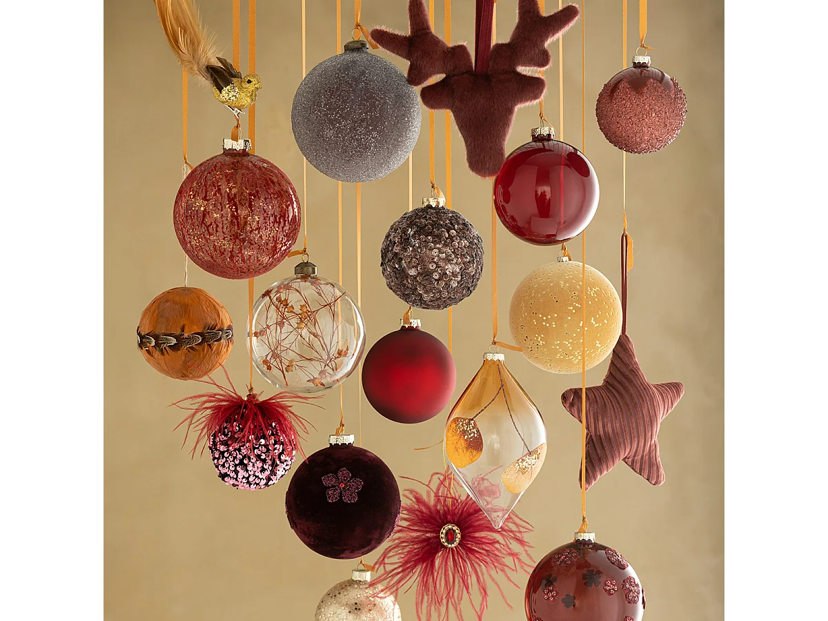 Caja de 4 bolas de Navidad de vidrio Bordeaux 12x12x12 cm