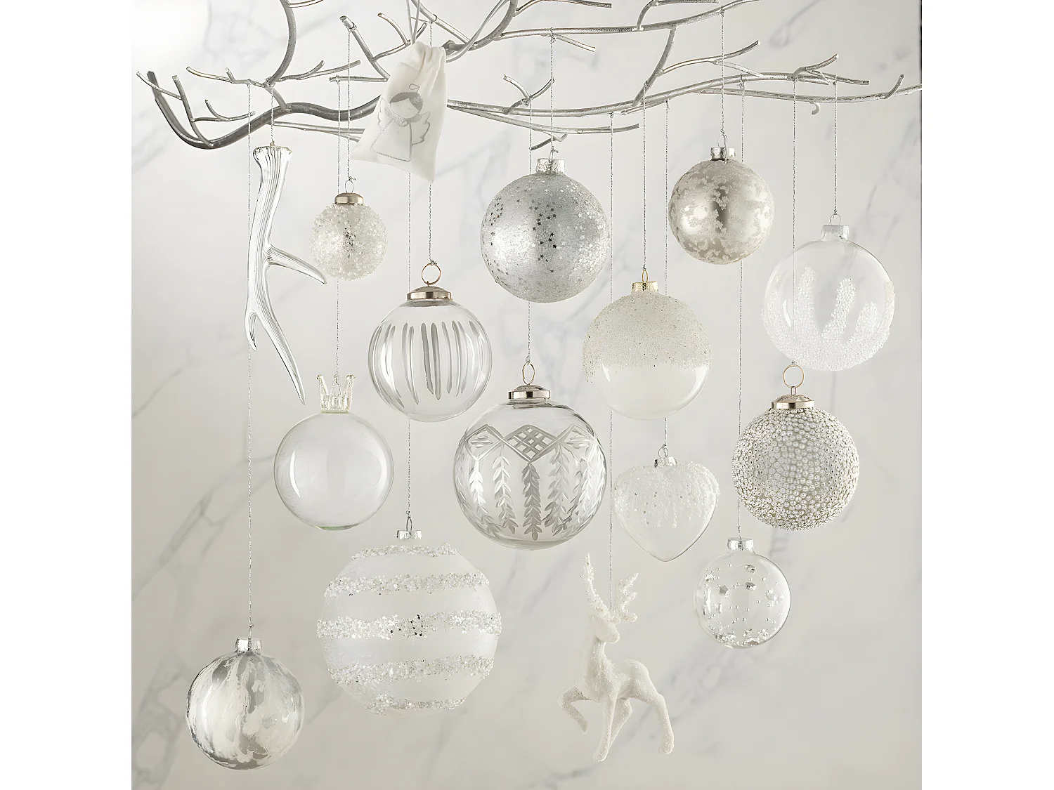 Lot de 6 Boules de Noël "Marbre" 8cm Blanc