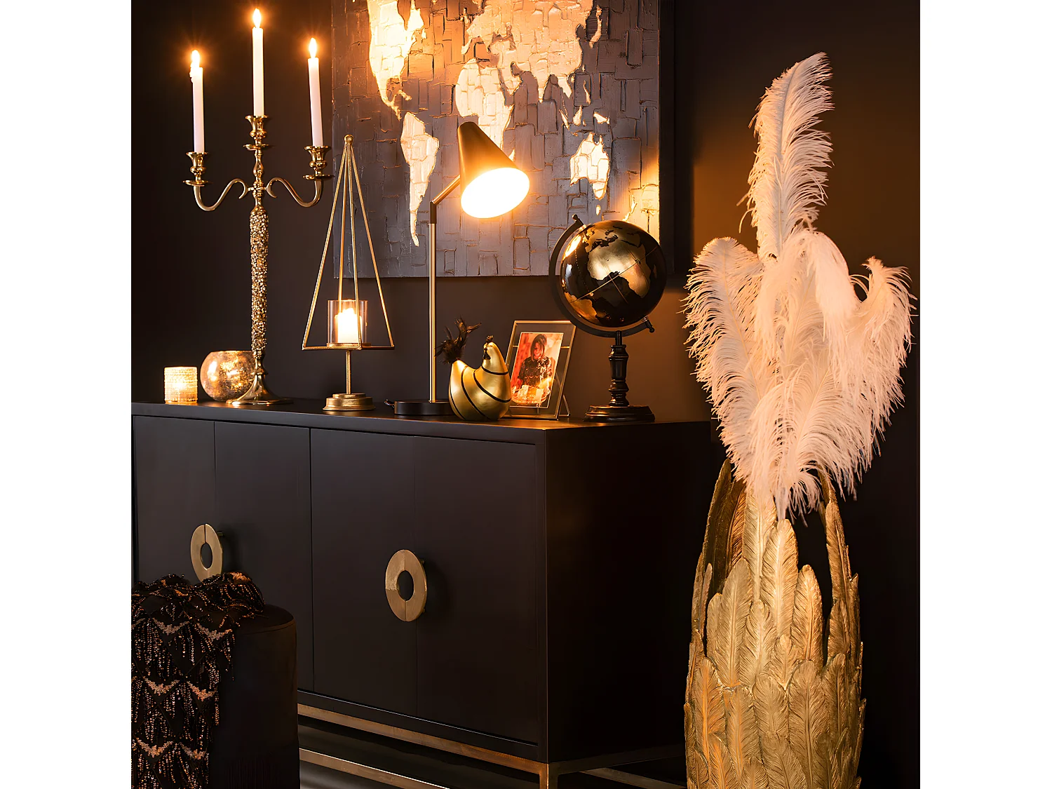 Globe sur Pied Déco "Bicolore" 41cm Noir & Or