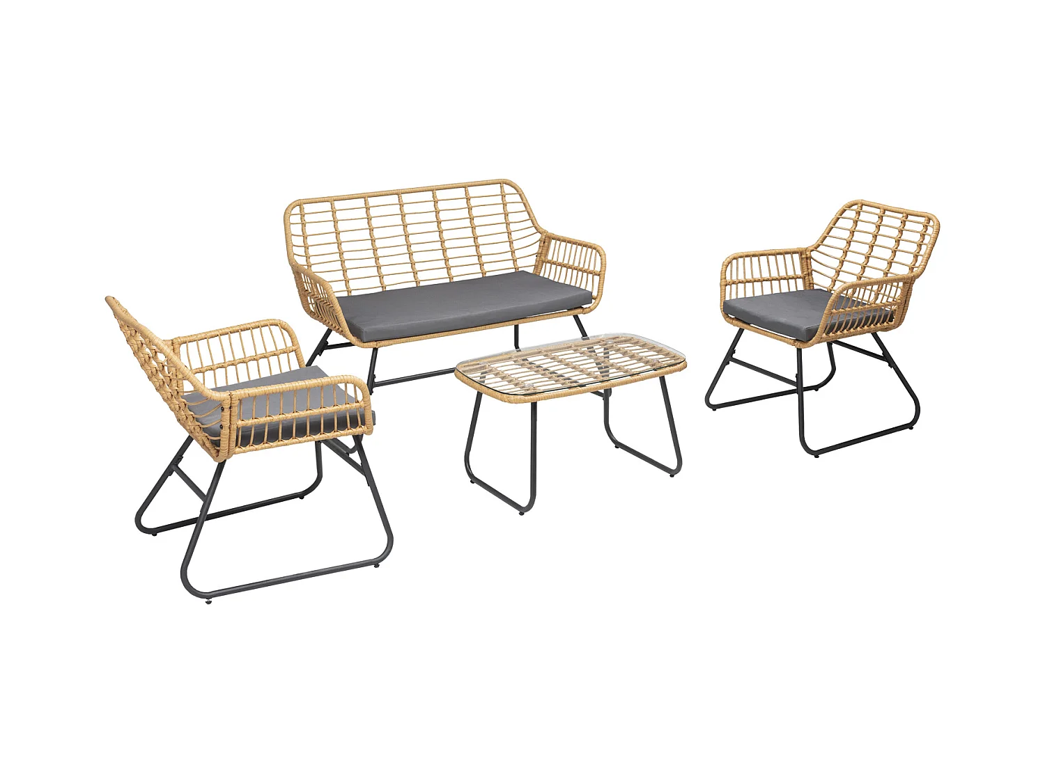 TIGA mobiliário de jardim conjunto em resina tecida 4 assentos - almofadas cinzentas