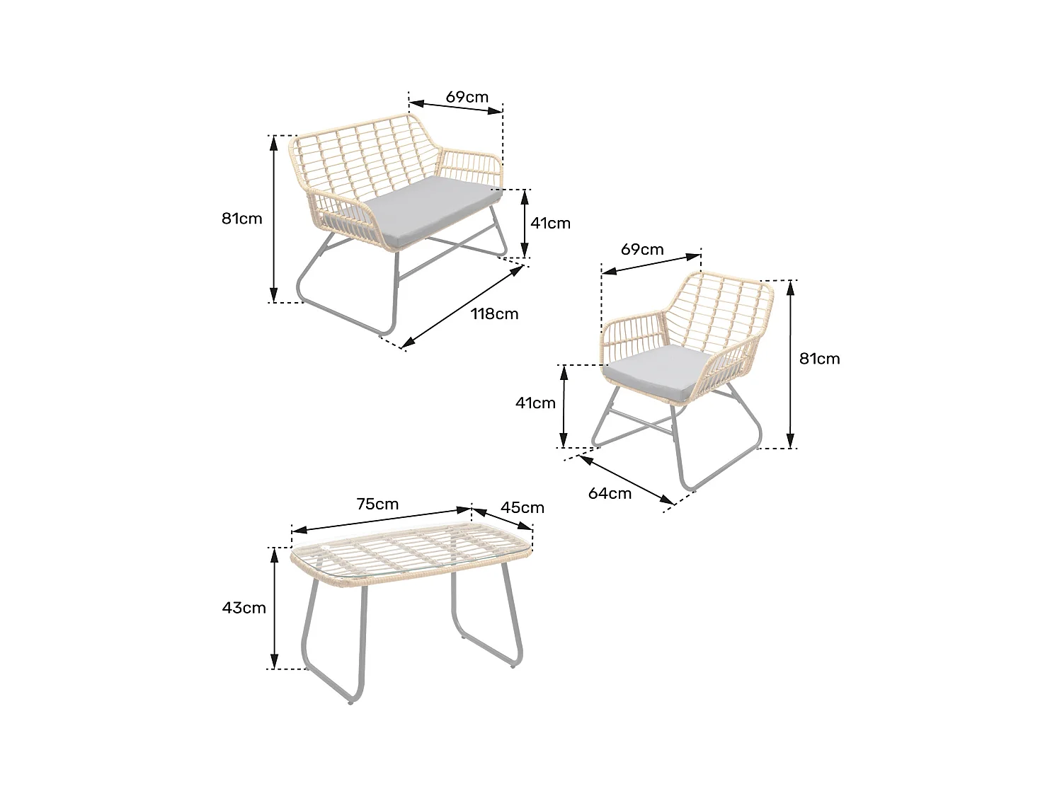 TIGA mobiliário de jardim conjunto em resina tecida 4 assentos - almofadas cinzentas