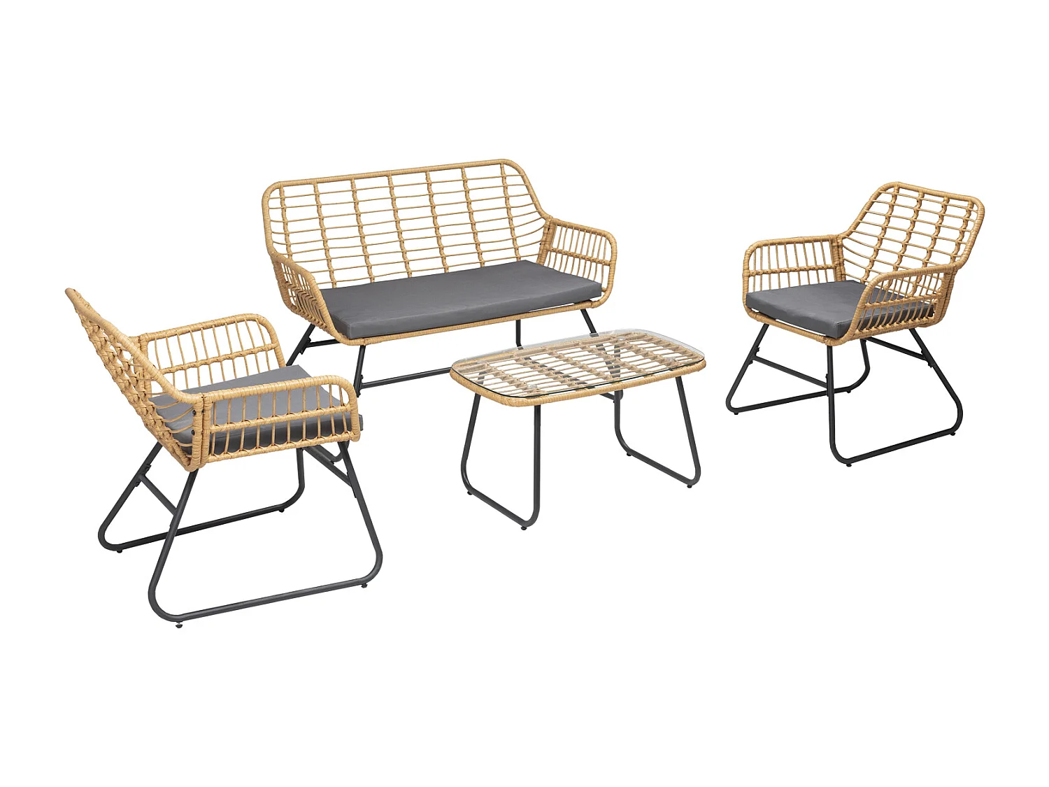 TIGA mobiliário de jardim conjunto em resina tecida 4 assentos - almofadas cinzentas