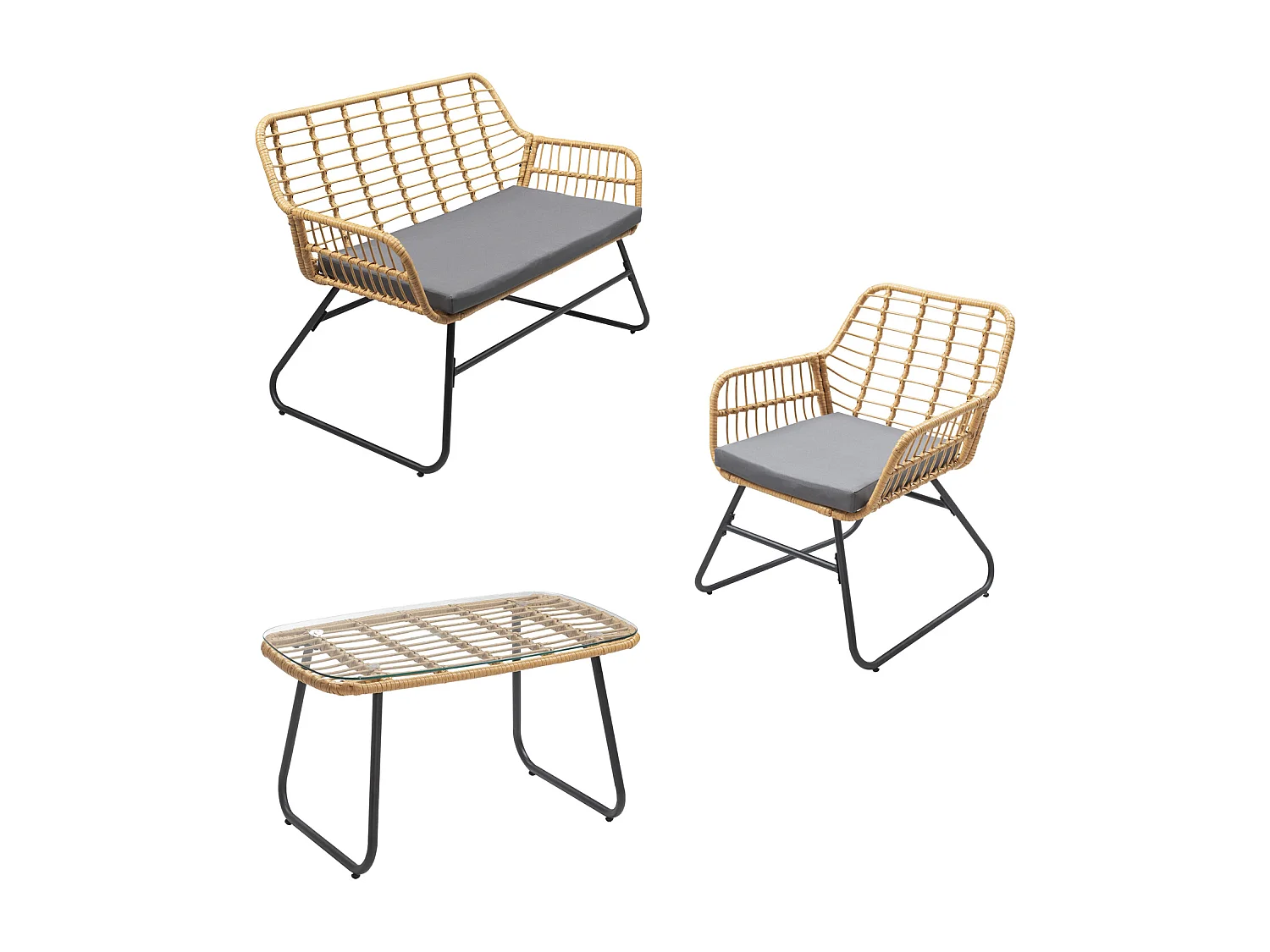 TIGA mobiliário de jardim conjunto em resina tecida 4 assentos - almofadas cinzentas