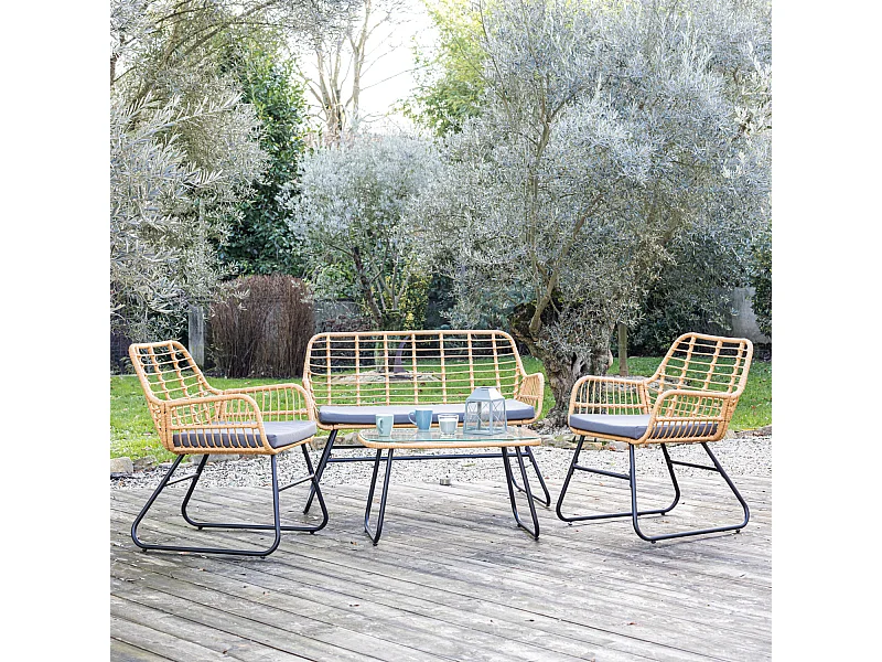 Set di mobili da giardino TIGA in resina intrecciata 4 posti - cuscini grigi