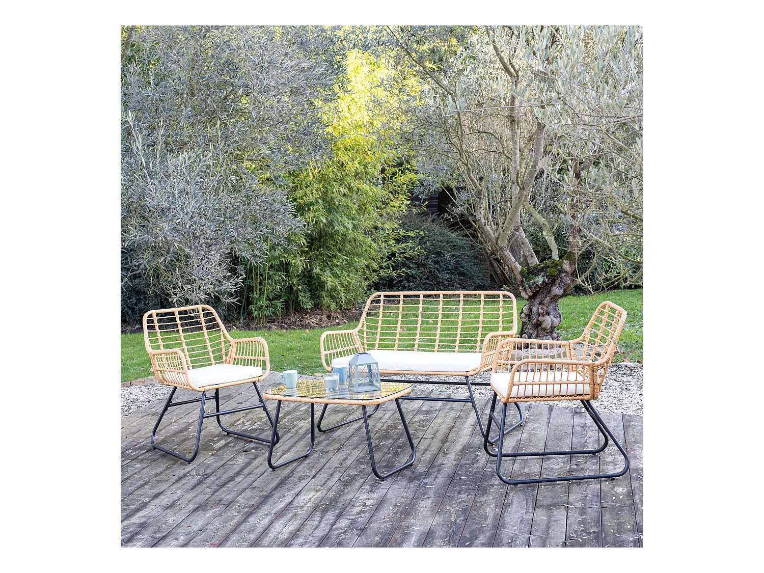 Gartenmöbel TIGA aus geflochtenem Harz, 4 Sitzplätze - cremefarbene Kissen