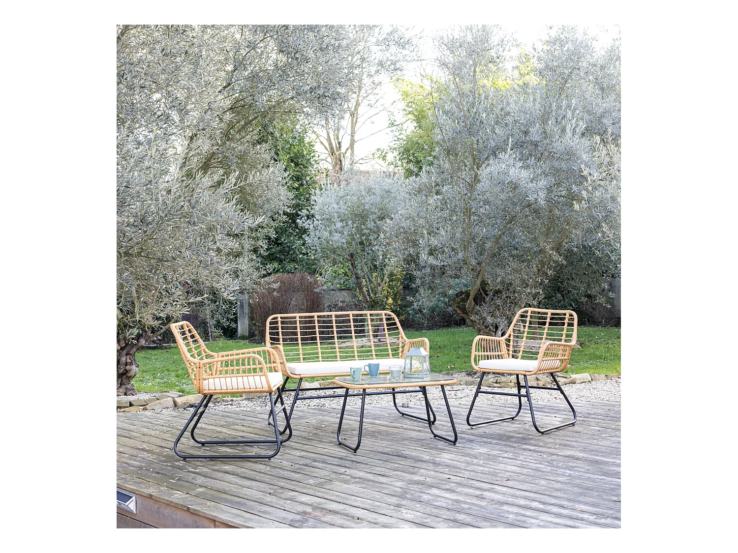 Gartenmöbel TIGA aus geflochtenem Harz, 4 Sitzplätze - cremefarbene Kissen