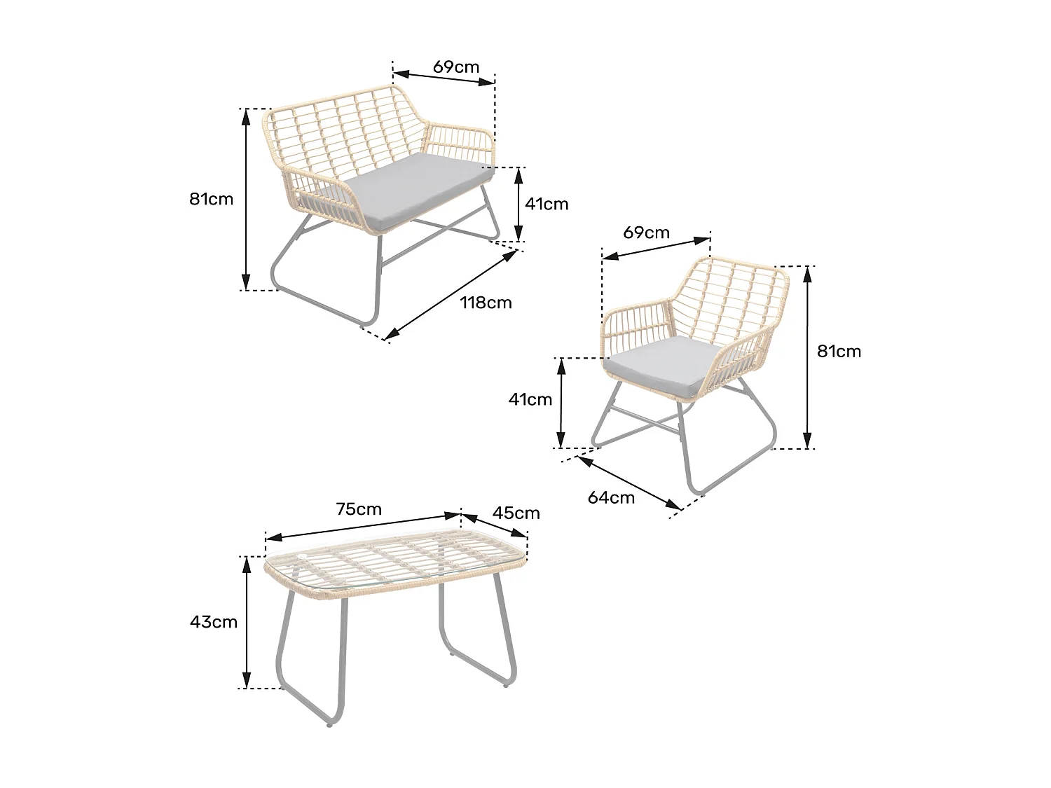 Conjunto de muebles de jardín TIGA de resina tejida 4 plazas cojines crema