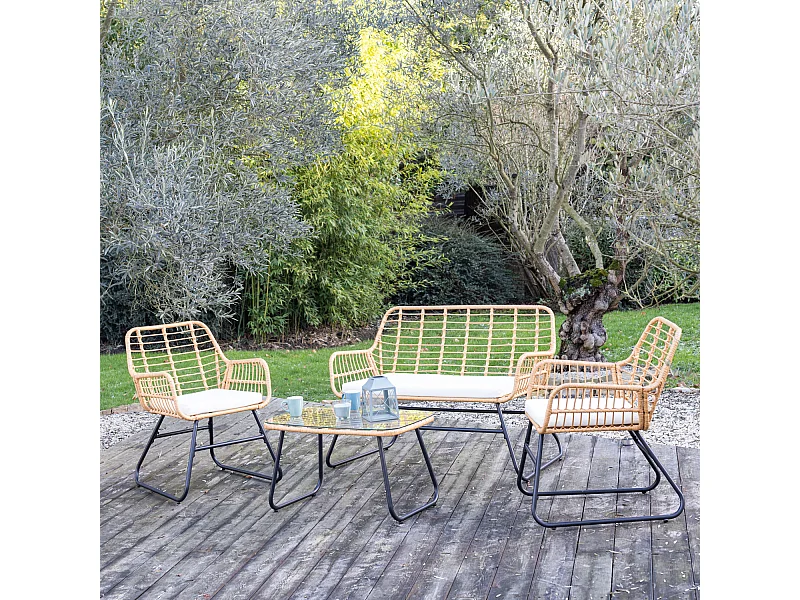 Salon de jardin TIGA en résine tressée 4 places - coussins crème - HAPPY GARDEN