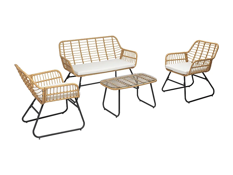 Salon de jardin TIGA en résine tressée 4 places - coussins crème - HAPPY GARDEN