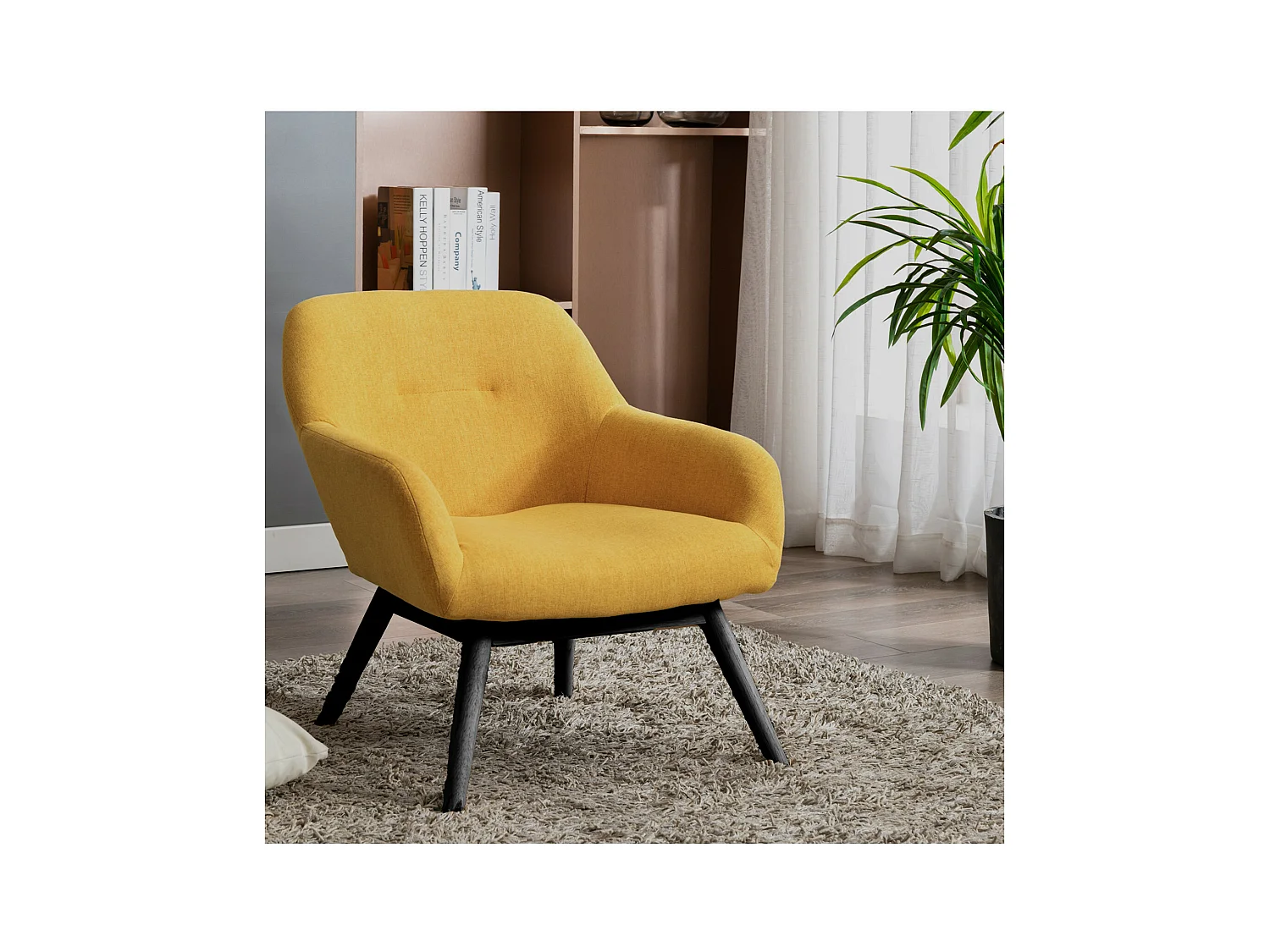 MALMO-Sillón de tela amarilla patas de madera negra