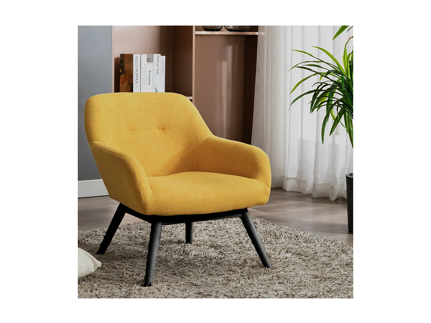 MALMO-Sillón de tela amarilla patas de madera negra