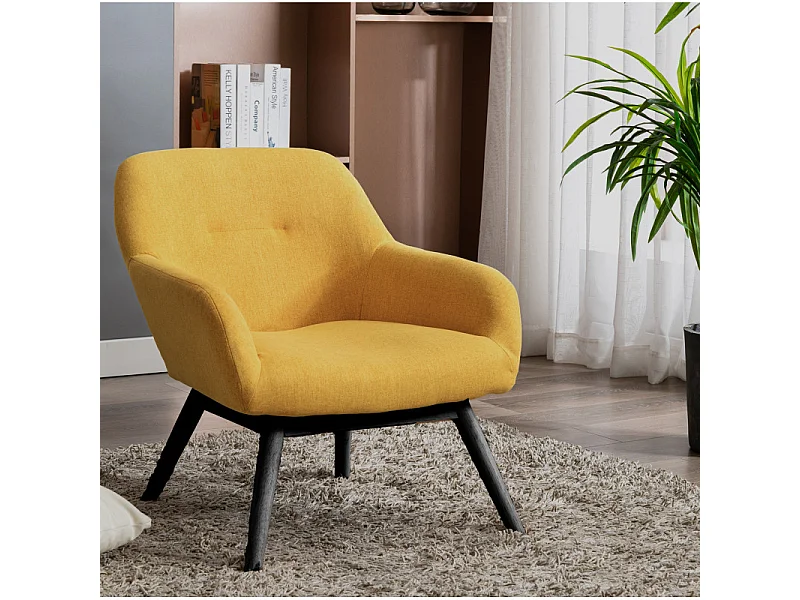 MALMO-Fauteuil lounge en tissu tramé Safran et pieds hévéa teinté noir