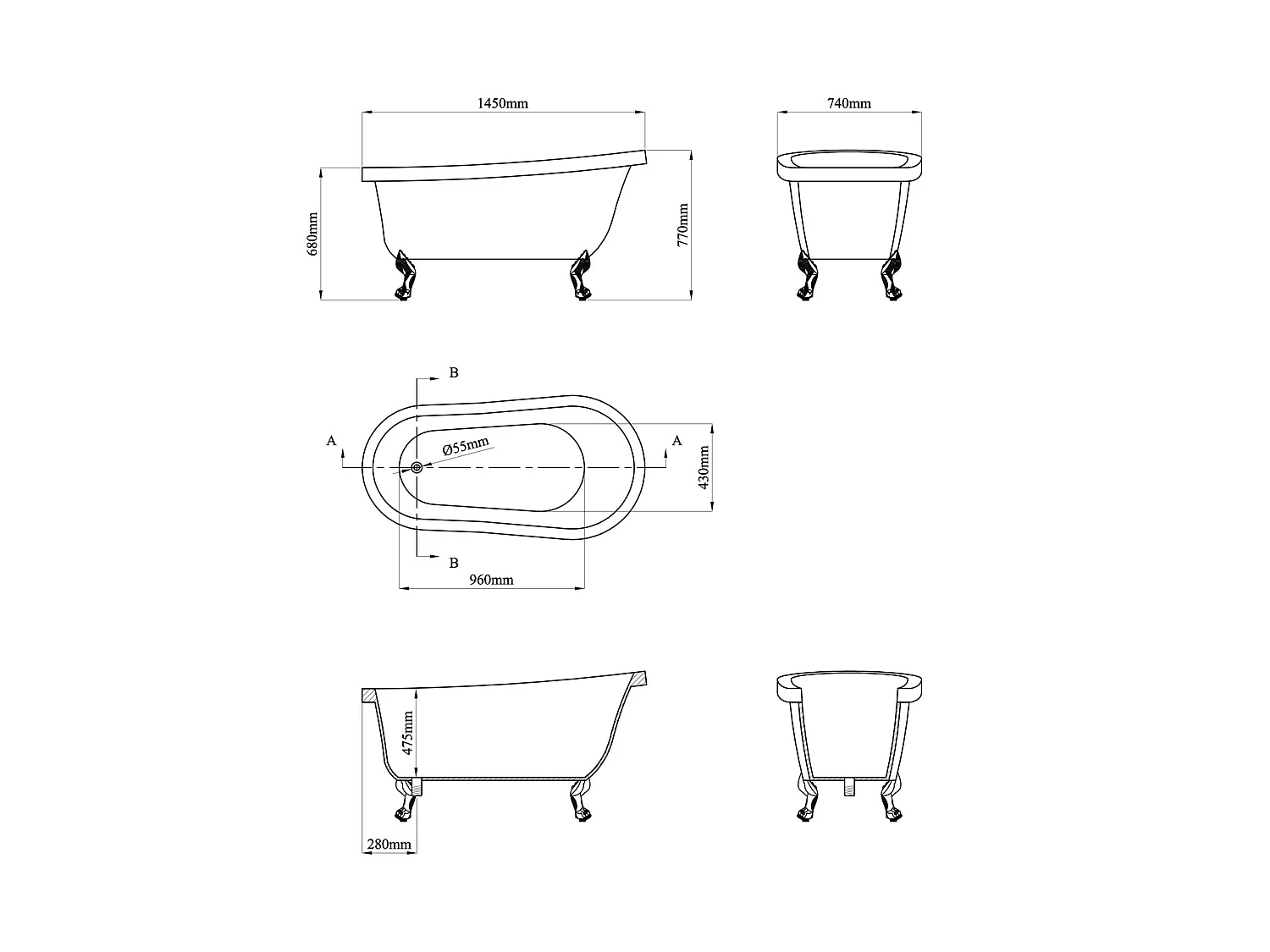 Baignoire îlot  rétro avec pieds de lion dorés - 200 L - 145 x 74 x 77 cm - Blanche - NISOS II